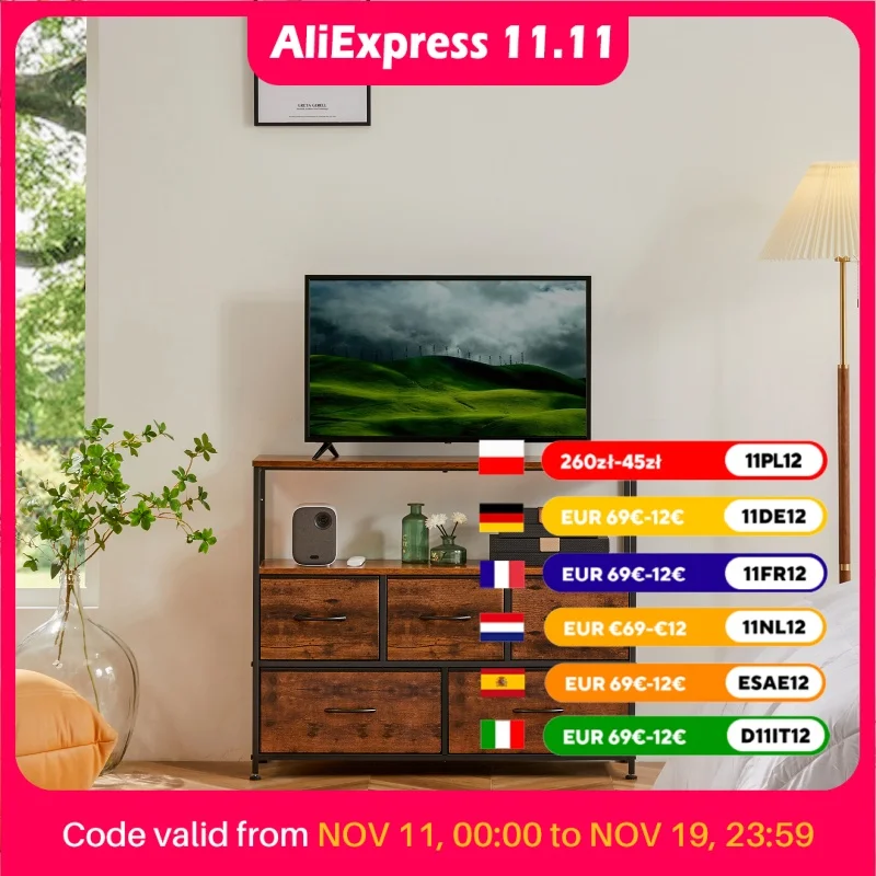 JHK Fireplace TV Stand Dresser For Bedroom With 5 Fabric Drawers Storage Closet Chest Clothes Storage Display Cabinet Furniture