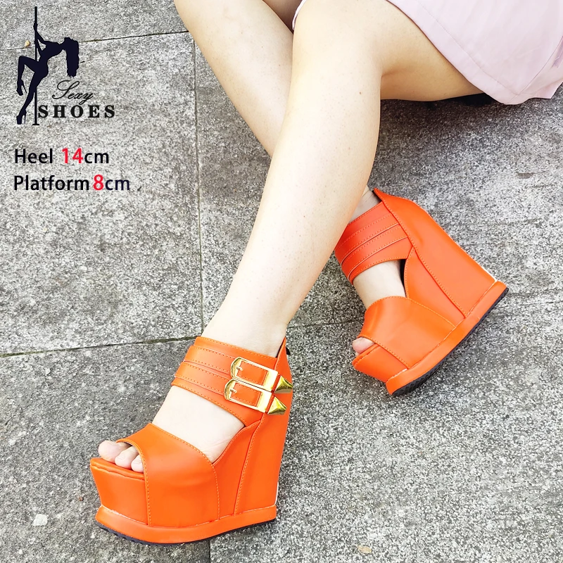 Street Performance High Heels 14CM Wedges Heel Summer Model Sandals For Women Europe and America Back Zip Cross-dressing Shoes