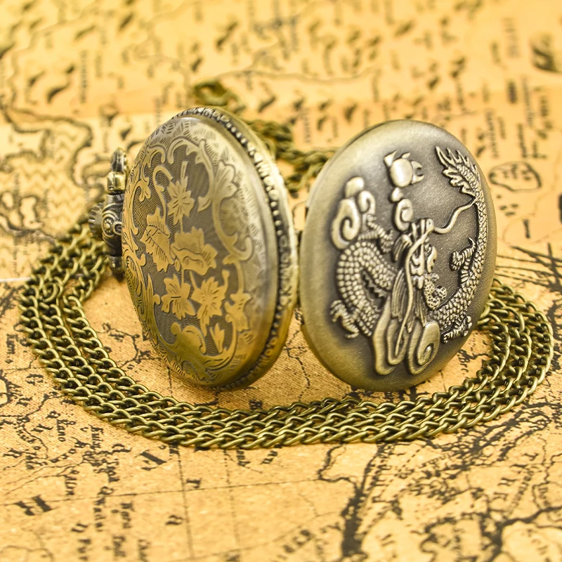 ヴィンテージブロンズクラムシェルクォーツ懐中時計、中国のドラゴン、彫刻ネックレス、男性と女性の学生のための一般的なギフト