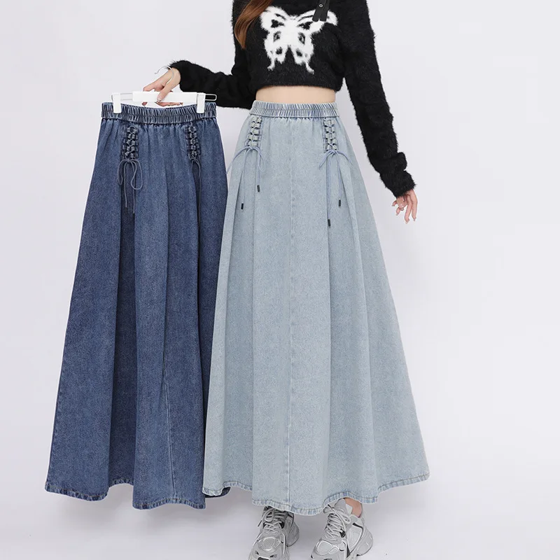 

TFETTERS 2025 Autumn Winter New Retro Women's High Waist A Line Denim Maxi Skirt Loose Fit Y2K Casual Long Jeans Skirt Ladies