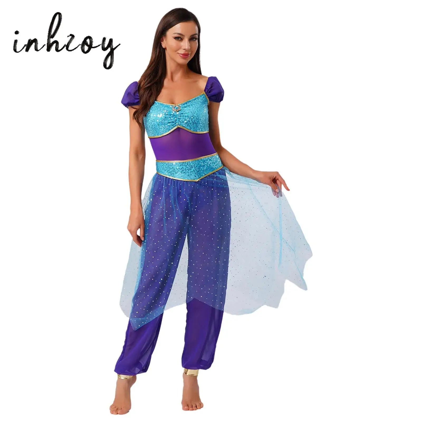 

Womens Arab Princess Belly Dance Rompers Contrast Color Gem Sequined Tulle Overlay Sleeveless Jumpsuit for Halloween Cosplay