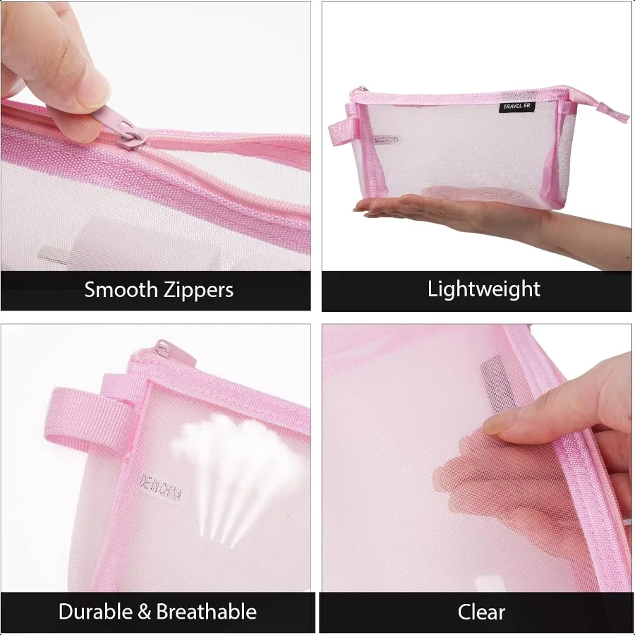 2Pack Grid Mesh Pencil Case with Handle and Zipper Double Layer Clear Pencil Pouch Travel Makeup Bag and Small Toiletry Bag for