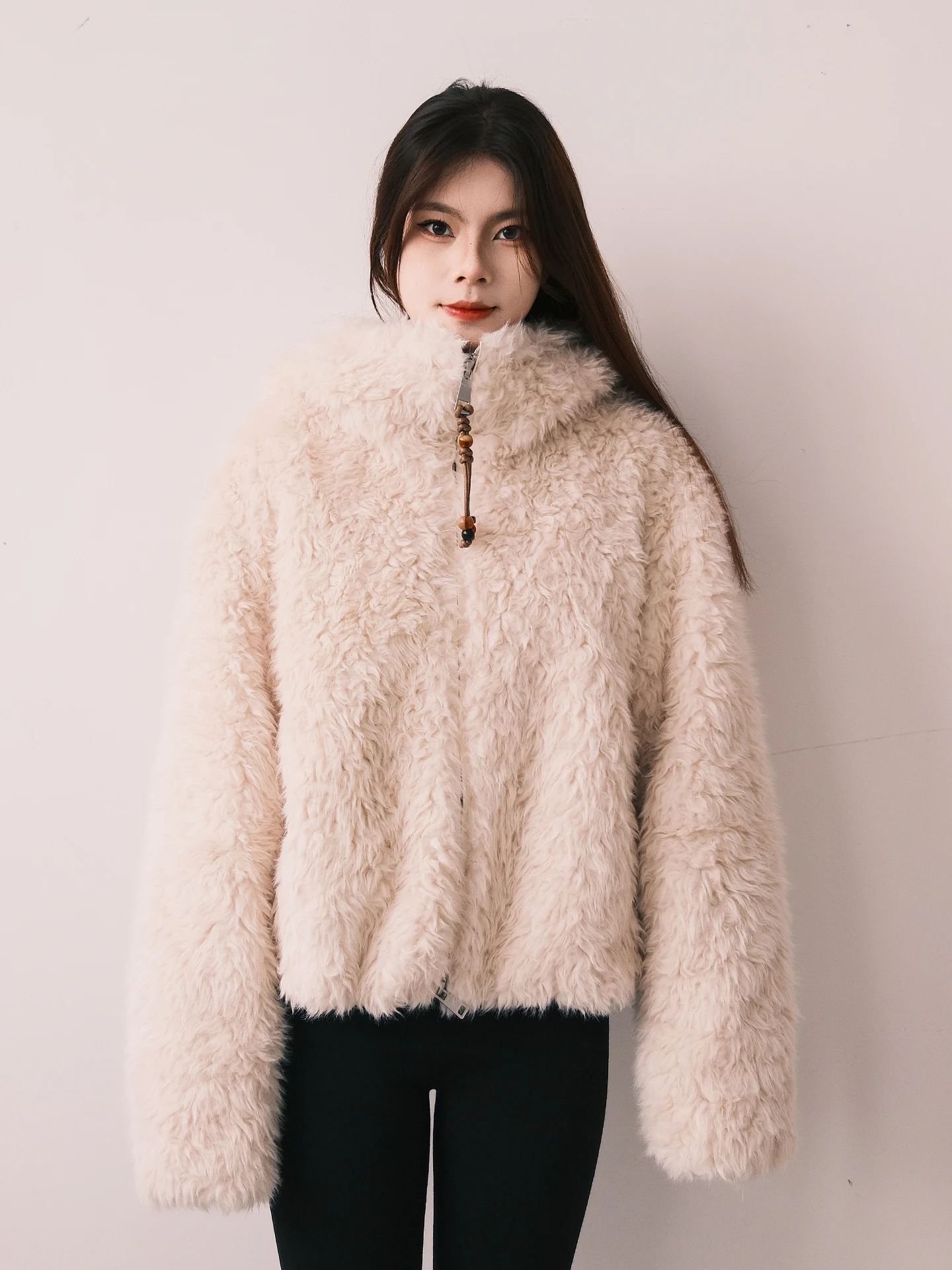 

MistFern Autumn Winter Casual Commute Sle Simple Fluffy Curly Hat Jaet Women's Polyester Fiber Zipper Thi Long Sve Coat