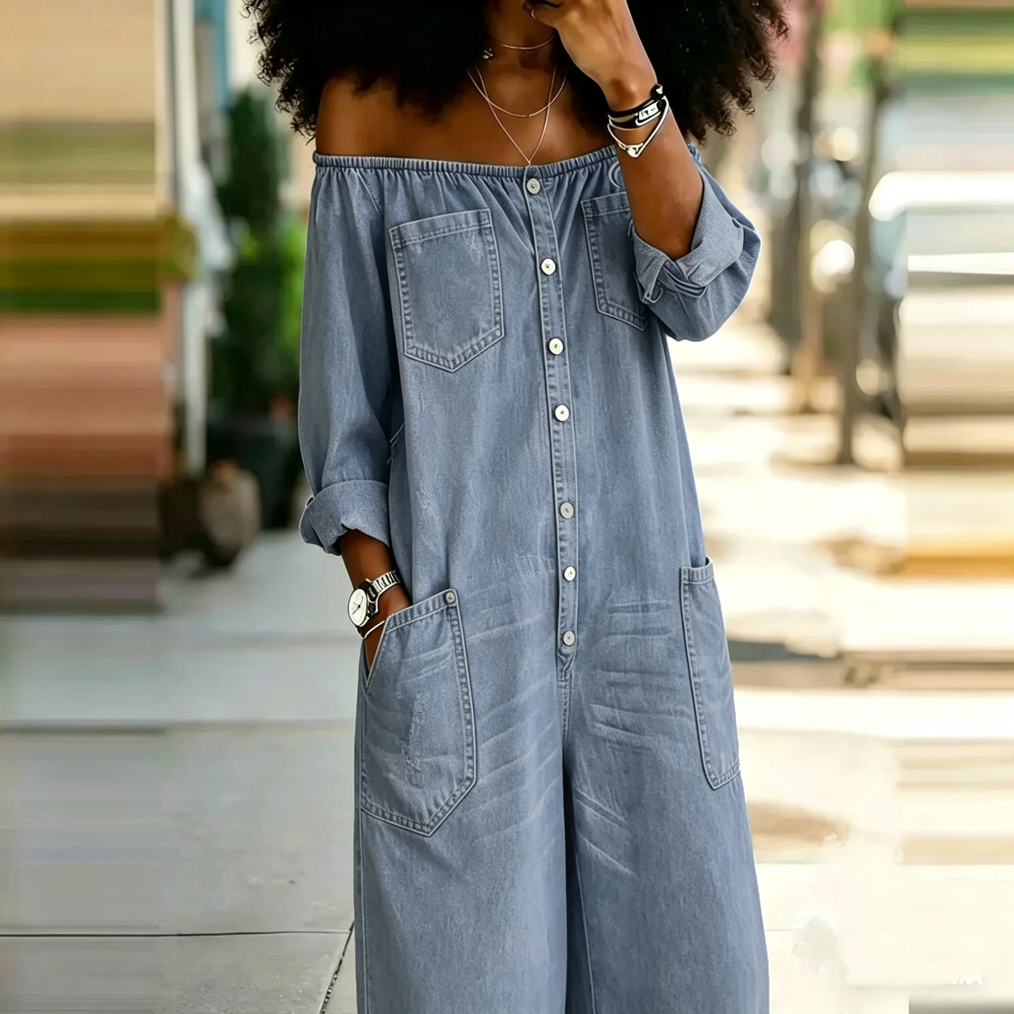 Elegante dames playsuit met hoge taille en wijde pijpen, modieus design, one-shoulder denim jumpsuit, vintage, lange mouwen, zakken, romper.