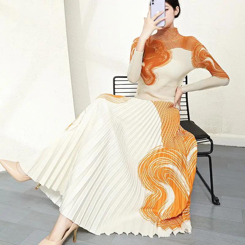 

Miyake Printed Set Ele Long Sve Curved Top And Skirt with Texture Women's Faion Spring Collection Two-Piece Suit
