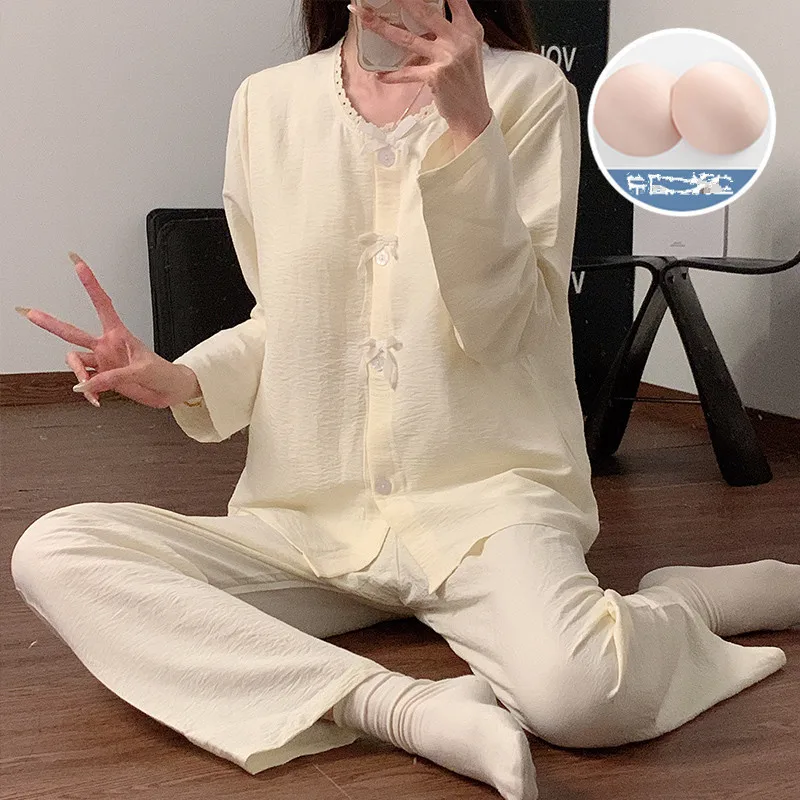 

Пижамы женские зимние корейские хлопковые пижамы женская одежда нагрудник топ с длинными рукавами пижамные комплекты брюк весенне-осенний домашний костюм