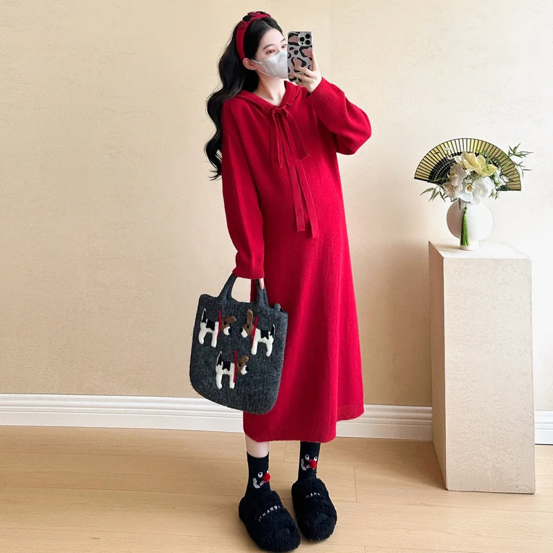 فستان حمل شتوي 2026 مع غطاء محرك السيارة وفيونكة فستان سترة منسوج لعيد الميلاد ، أنيق بحورية البحر فستان الحمل بالجملة