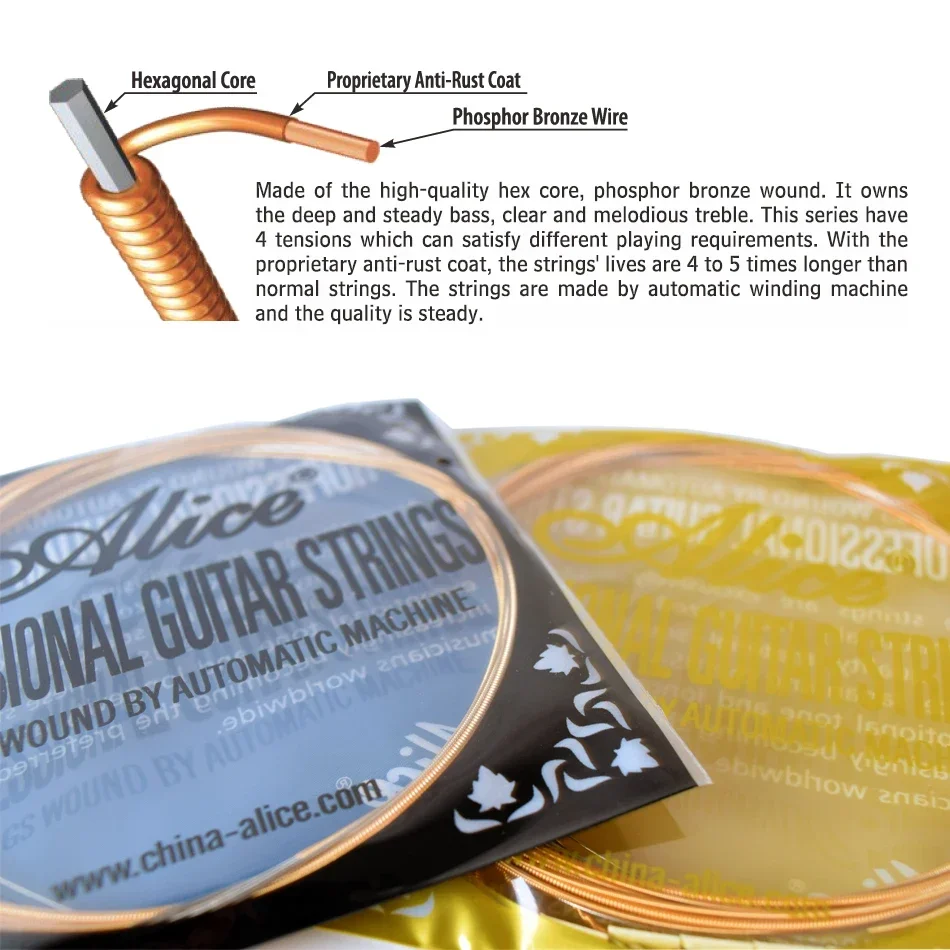 Alice AW432 1 Set Acoustic Guitar Strings 011-052, 012-053 Light,Super Light Copper Alloy Wound Anti-Rust Guitarra Parts