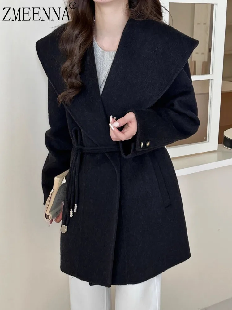 

ZMEENNA Womens Elegant Black Wool Blend A Line Coat With Wide Shawl Lapel Tie Belt And Button Cuff Detail Outerwear ZM3706