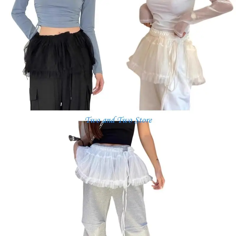 

HX6F Womens Ruffle Lace Layered Half Wrap Skirt Mini Apron Mesh Hip Scarf Overskirt