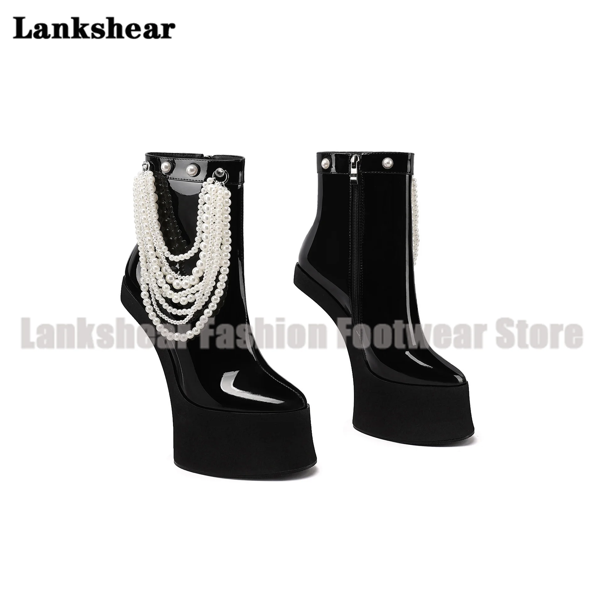 

Platform Strange Heel Ankle Boots Pearls Chain Backless Thick Soled Boots Designer Women's High Increase Shoes Botas Mujer