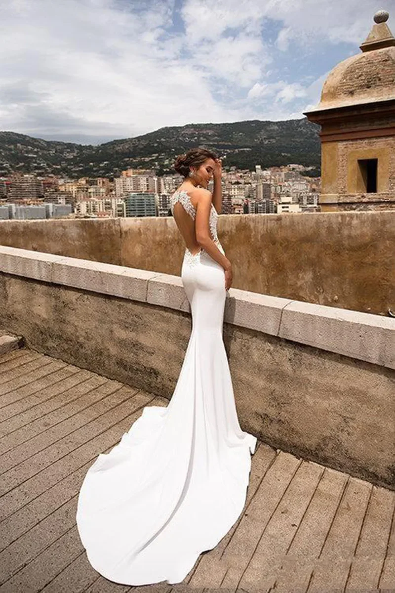 Robe de mariée sirène sexy à dos ouvert pour femmes, col en V, dentelle appliquée, dos nu, patients de plage, quel que soit le modèle