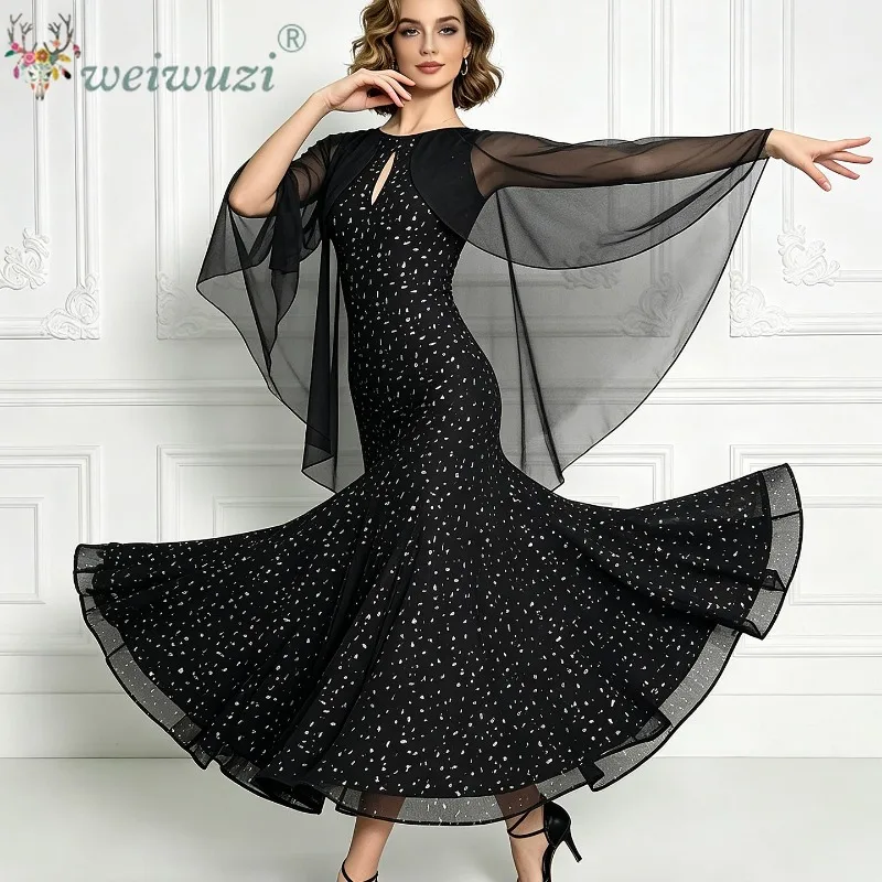 Women Standard Ballroom Dance Dress Mesh Black Dresses Elegant Waltz Modern Dance Performance Wear Ballroom Practice Clothes