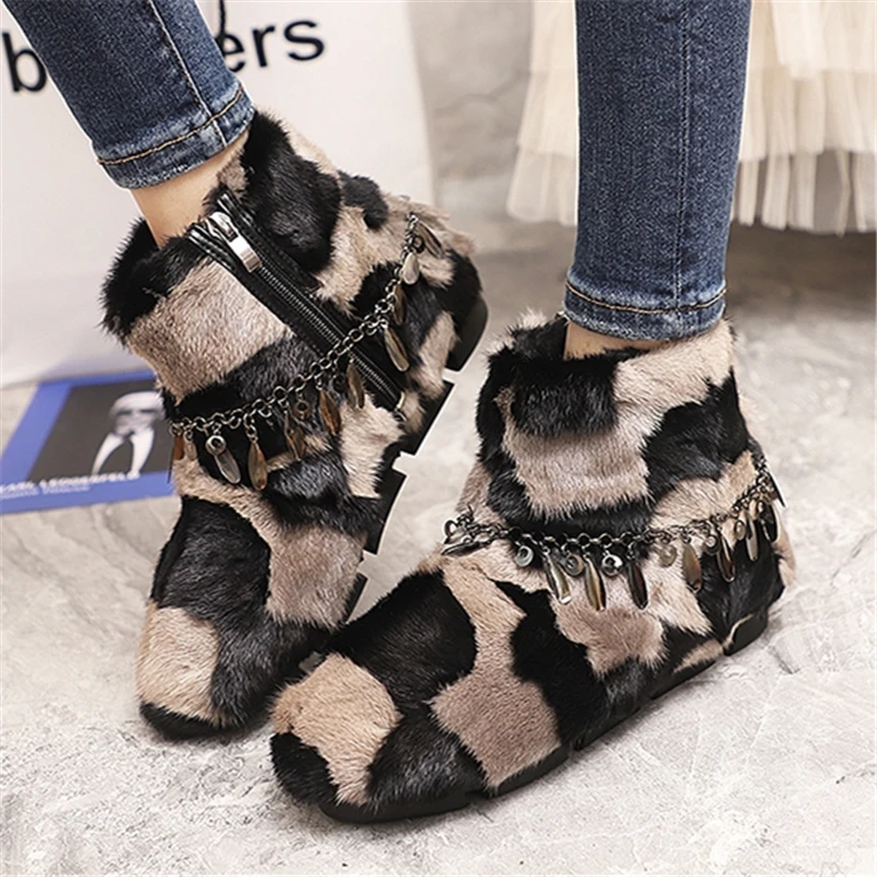 

Разноцветные женские ботильоны с цепочками из норкового меха, зимние теплые меховые ботинки Botas Mujer, повседневные зимние ботинки на толстой подошве, обувь на платформе, криперы