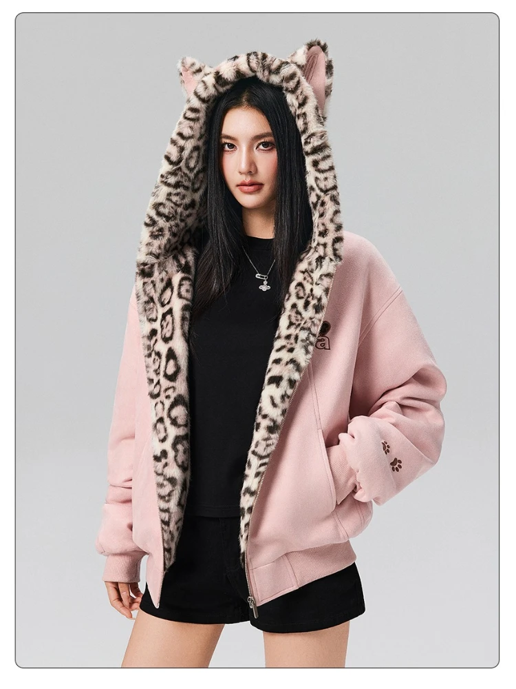 

Y2k Rabbit Ear Leopard Print Down Cotton-padded Jacket Women Kawaii Zipper Hooded Thick Coats Female Gothic Streetwear Tops