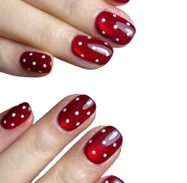 

24PCS Glossy Fake Nails Vintage Red White Polka Dot Short Square Shape Press on Nails Classic Retro Sweet Cute Daily False Nails