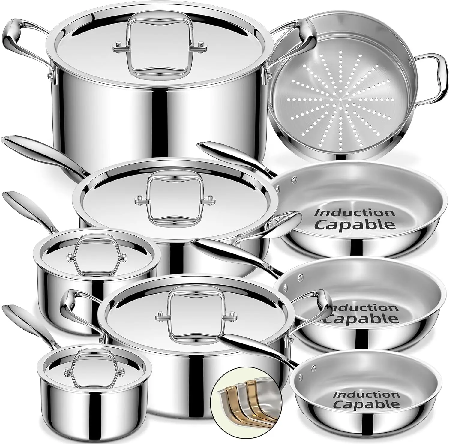 

Stainless Steel Cookware Set, 5 Ply 14 Piece Stainless Steel Pot and Pan Set-Induction, Heavy Chef Quality, Oven Safe | Professi
