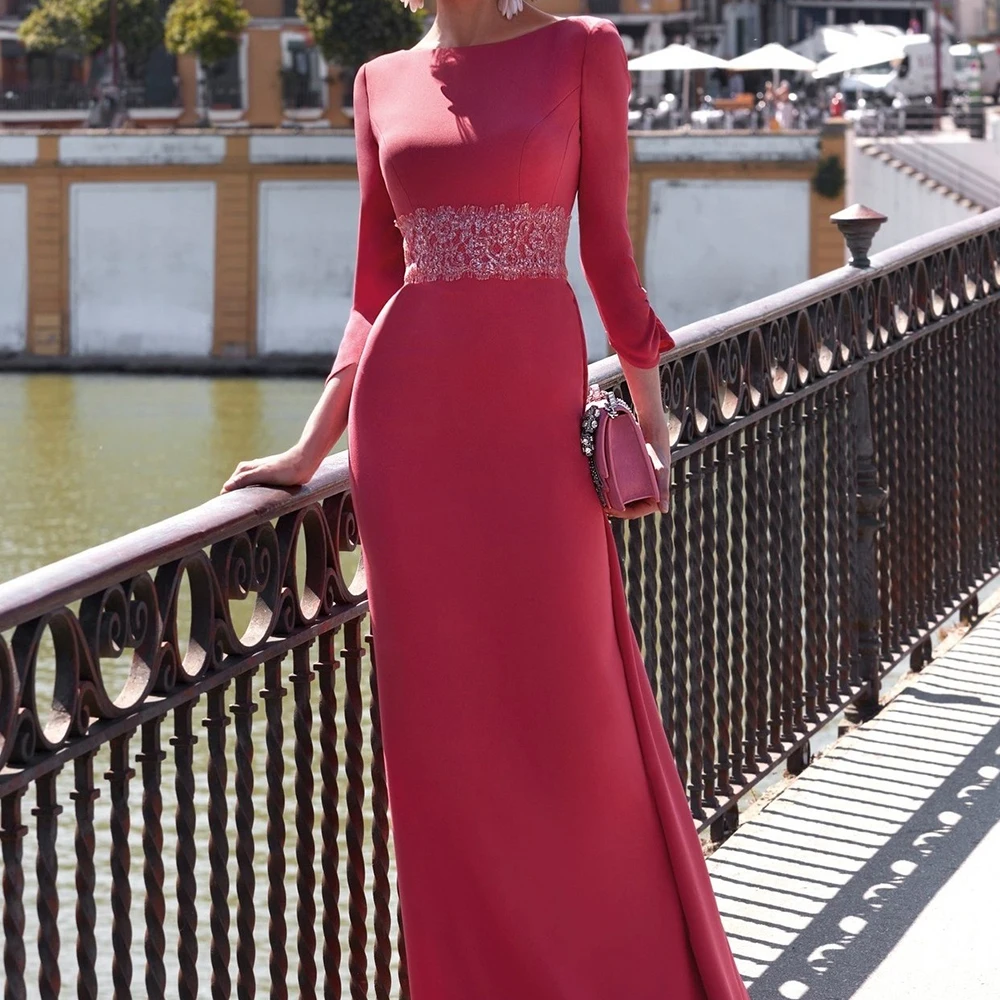 

Customized Fashion Sequined Off the Shoulder Jersey Evening Dresses Modern Boat Neck 3/4 Sleeves Sheath Floor Length Party Dress