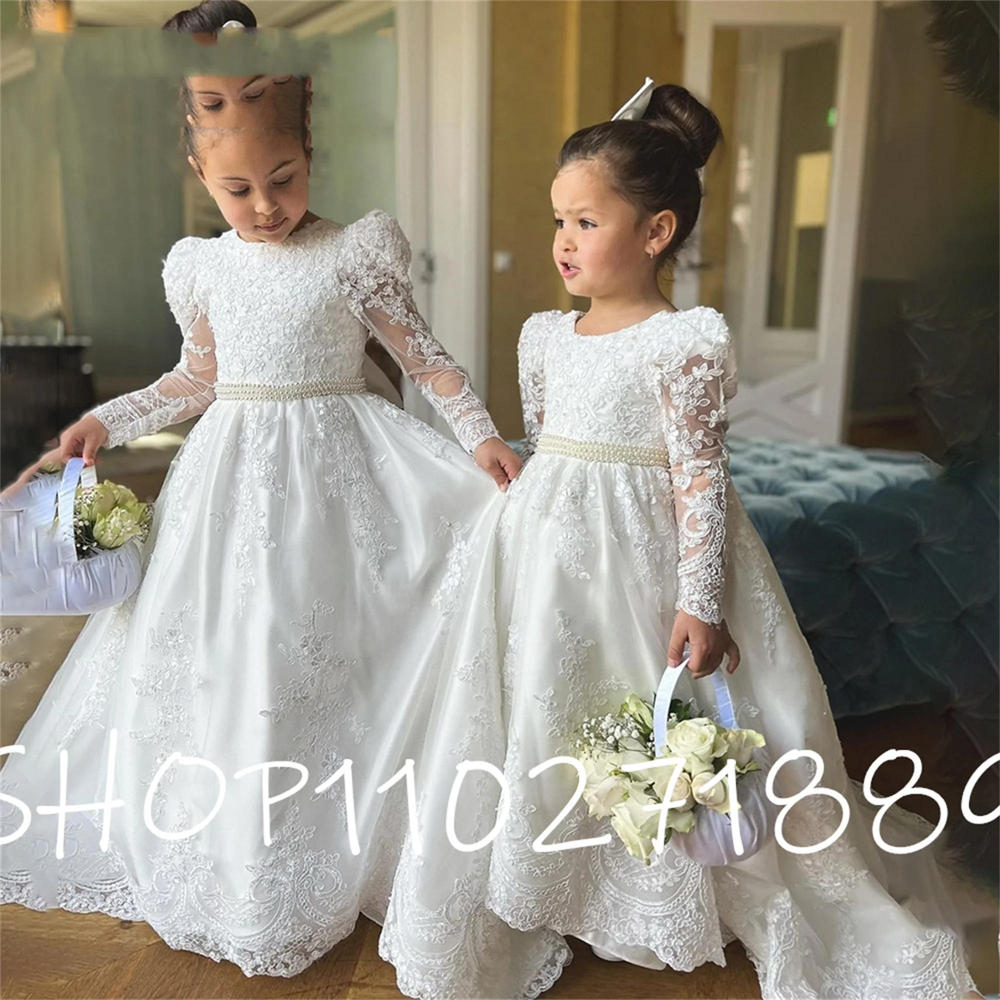 

Flower Applique Flower Girl Dress Cap Long Sleeves Kids Ball Gown First Communion Dress Pearls Belt Birthday Party Dresses