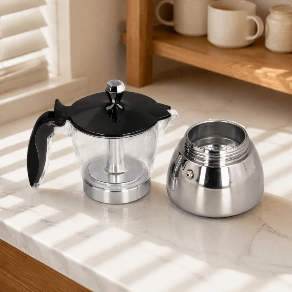 Stainless Steel Body Stovetop Coffee Maker Crystal Glass Lid Clear ABS Top Moka Pot Coffee Maker 6 Cup Capacity Octagonal Design
