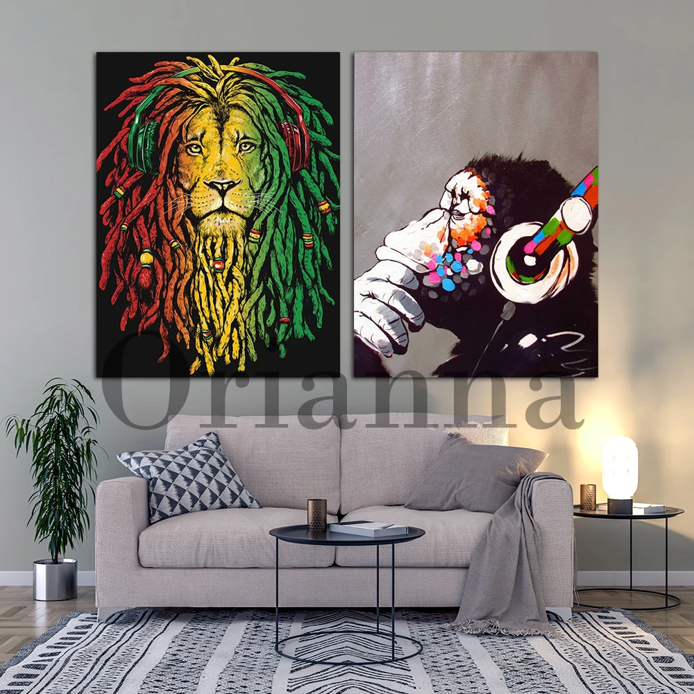 Banksy Chimp Rastafarian Lion Headphones Dj Color Abstract Prints Posters Nordic Modern Home Wall Art Decor Painting Gifts