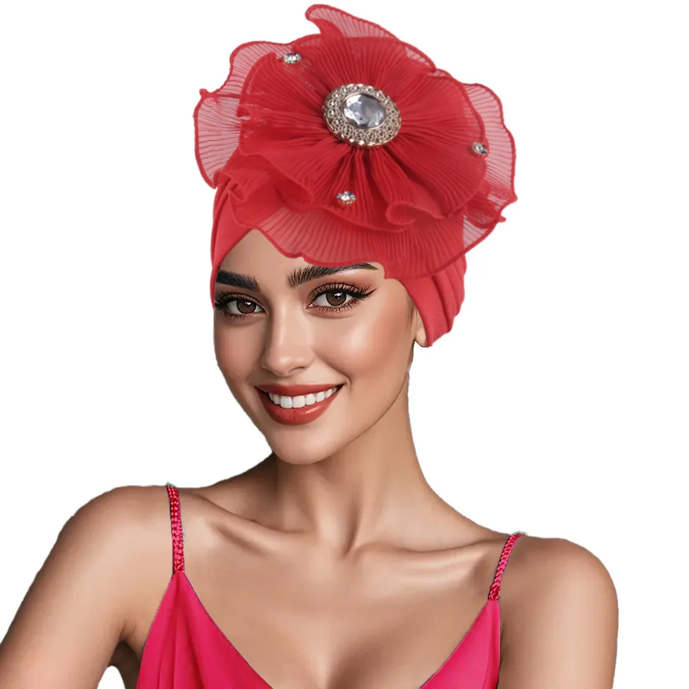 

Indian Women Big Flower Turban Hat Muslim Hijab Caps Diamonds Head Wrap Ladies Bandana Chemo Cap African Hat Turbante Mujer New