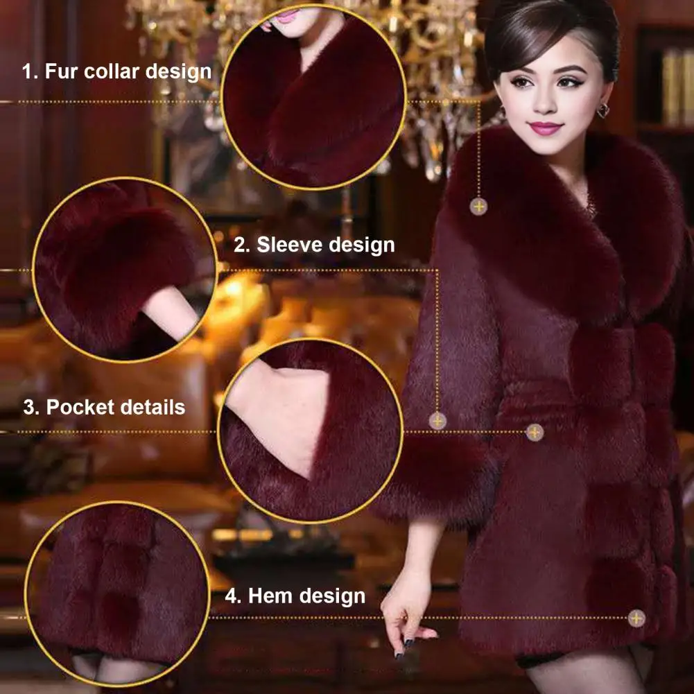 Women Slim Fit Coat Elegant Mid-aged Women's Fuzzy Faux Fur Overcoat with V Neck Elastic Waist Celebrity Prom for Cold-proof