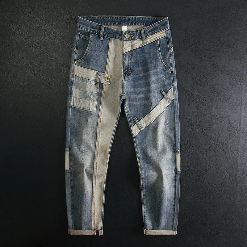 

Color blocking patchwork jeans for men, elastic slim fit, small straight tube, cool and stylish, personalized and trendy pants