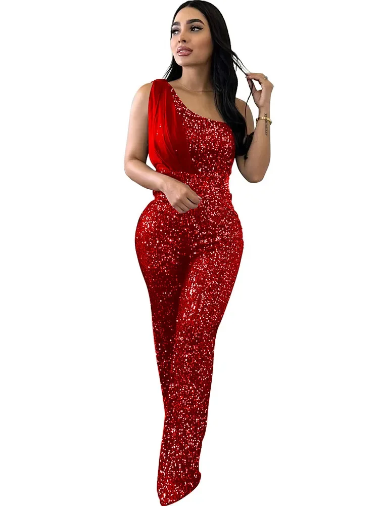 

Sexy One Shoulder Sequin Cloak Jumpsuit One Piece Outfits For Women Sleeveless Night Club Rompers Party Jumpsuits Black Overalls