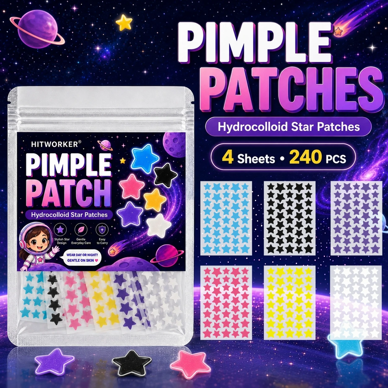 240PCS Hydrocolloid Star Pimple Patches, 6 Colors Cute Face Stickers, Lightweight Day & Night Daily Skin Care