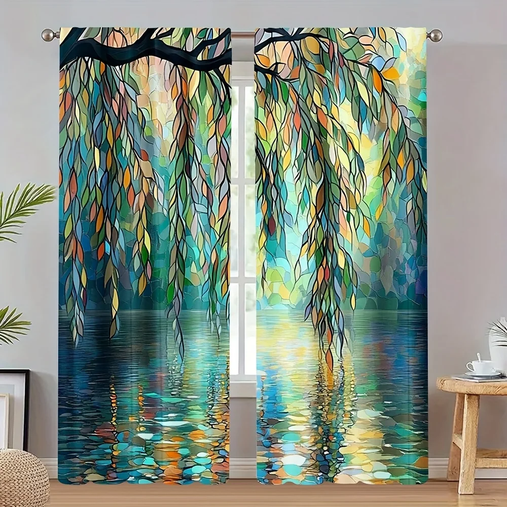 

2pcs, All-Season Art Deco Style Curtains, Modern Willow Trees by River Stained Glass Pattern, Polyester, Perfect for Adding