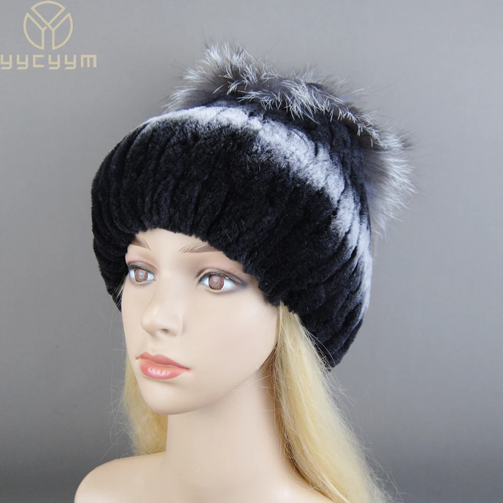 

Hot Sale Russian Women Winter Real Rex Rabbit Fur Hats Floral Warm Natural Rex Rabbit Fur Caps Knitted Lady Top With Fox Fur Hat