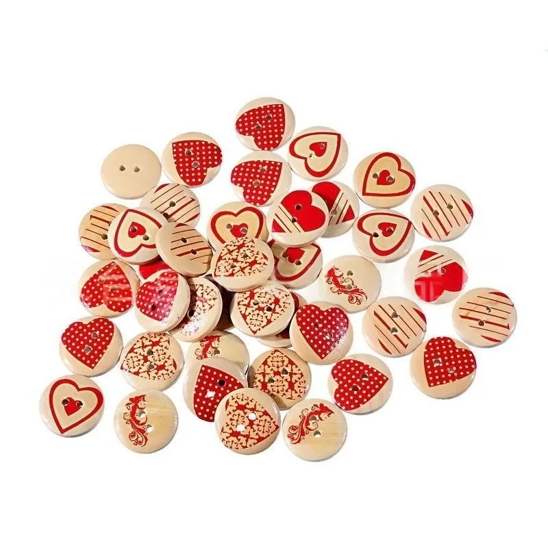 100Pcs 15mm Natural Flat Round Printed Wood Buttons 2-Hole Flat Round with Heart Decorative Wooden Buttonsfor DIY Sewing - view 2