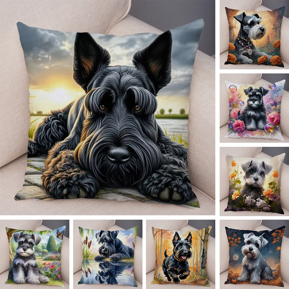Funda de cojín para perro Mini Schnauzer, decoración con doble estampado para el hogar, Animal de mascota de dibujos animados para sofá, funda de almohada para coche, funda de almohada de felpa suave