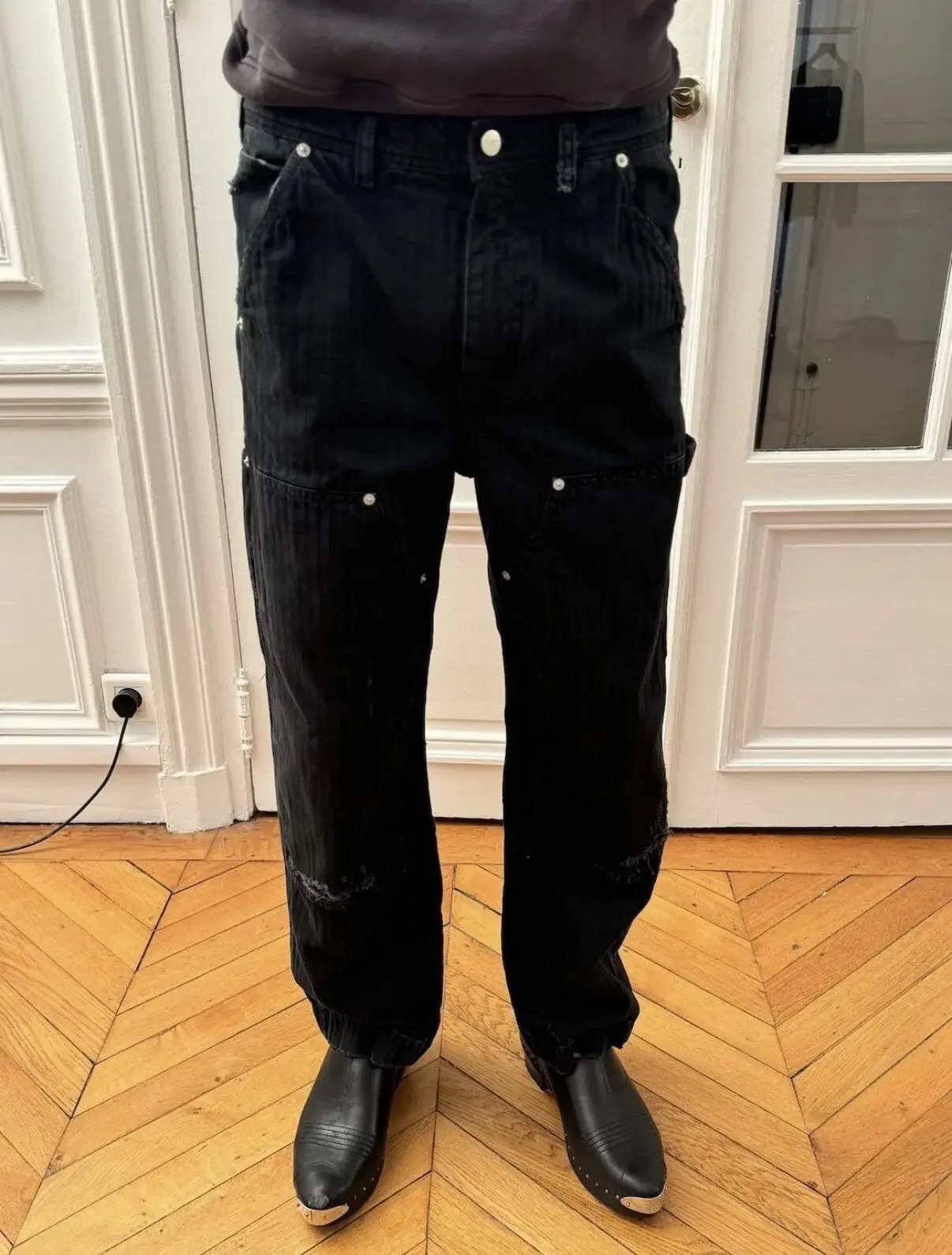 Washed Damage Striped Logging Pants Double Knee Rivet Overalls ER/D 25SS