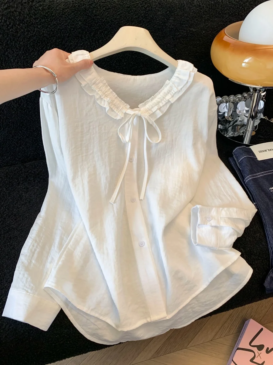 

Loose Long Sleeve V-Neck White Shirt Women Summer Knot Loose Slimming Sun Protection Top Wood Grain French Style