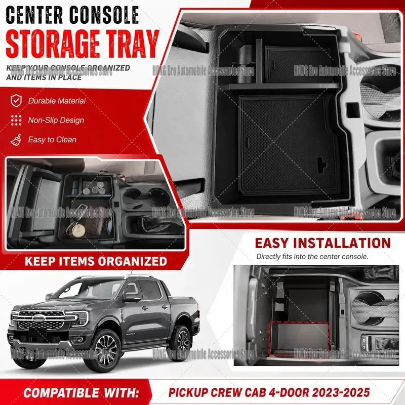 For Ford Ranger T9 2023 2024 2025 2026 Center Console Organizer Armrest Storage Box Tray Interior Accessories Auto Parts