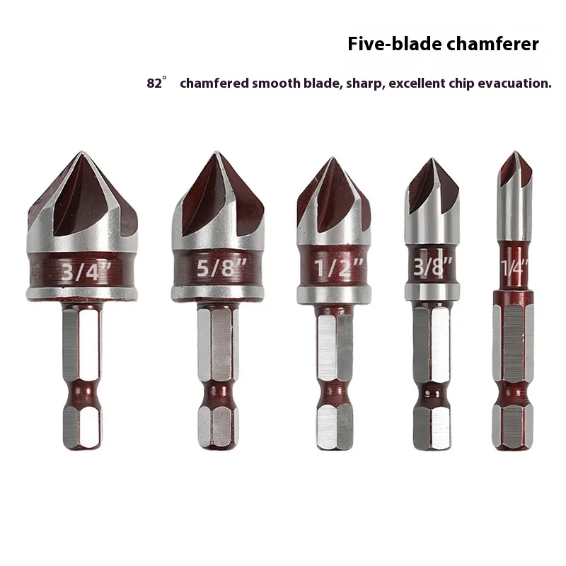Red 82-Degree Five-Blade Chamfering Tool Quick Guide Woodworking Drill Countersink Wood Centering Drill Bit Set