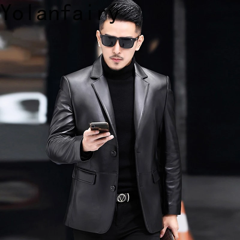 YOLANFAIRY Top Layer Sheepskin Leather Jackets Man Casual Suit Coat Slim-fit 100% Genuine Leather Jacket Men Jaqueta Masculina