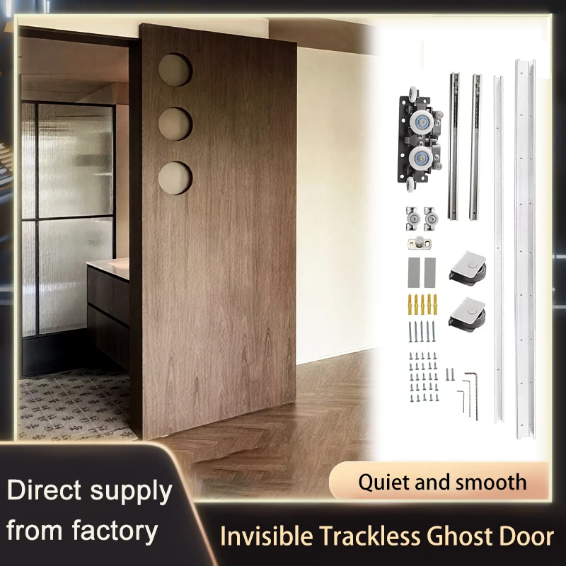 Ghost Door Hardware Invisible Track Sliding System Bottom Rail Free Soft Closing For Wood Doors Bathroom Hanging Roller