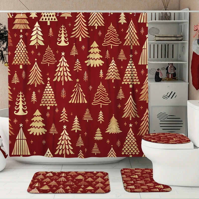 【Open JIT】1/4pcs Christmas tree winter set simple red Golden shower curtain waterproof polyester washable for xma