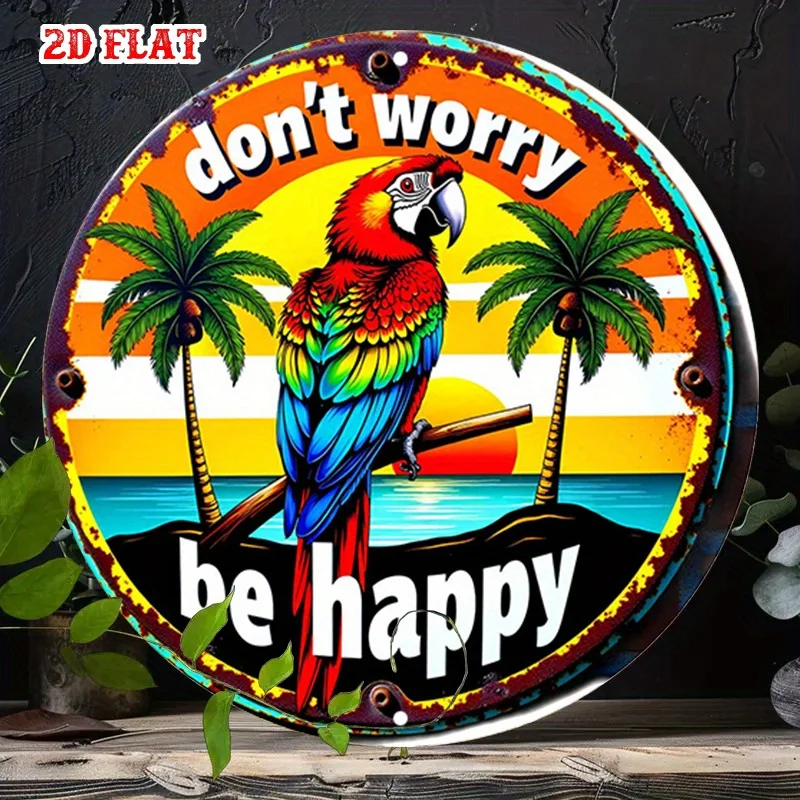 2D Flat, 2D Flat 1pc Tropical Bird Round Aluminum Sign, Positive Vibes Metal Tin Sign - Sunset Beach Rustic Metal Wall Art, Trop