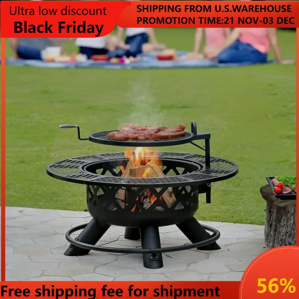 

47" Steel Ranch Wood Burning Fire Pit Round Outdoor Fireplace with Adjustable Grill Top, Safety Ring, and Cooking Grate, Black