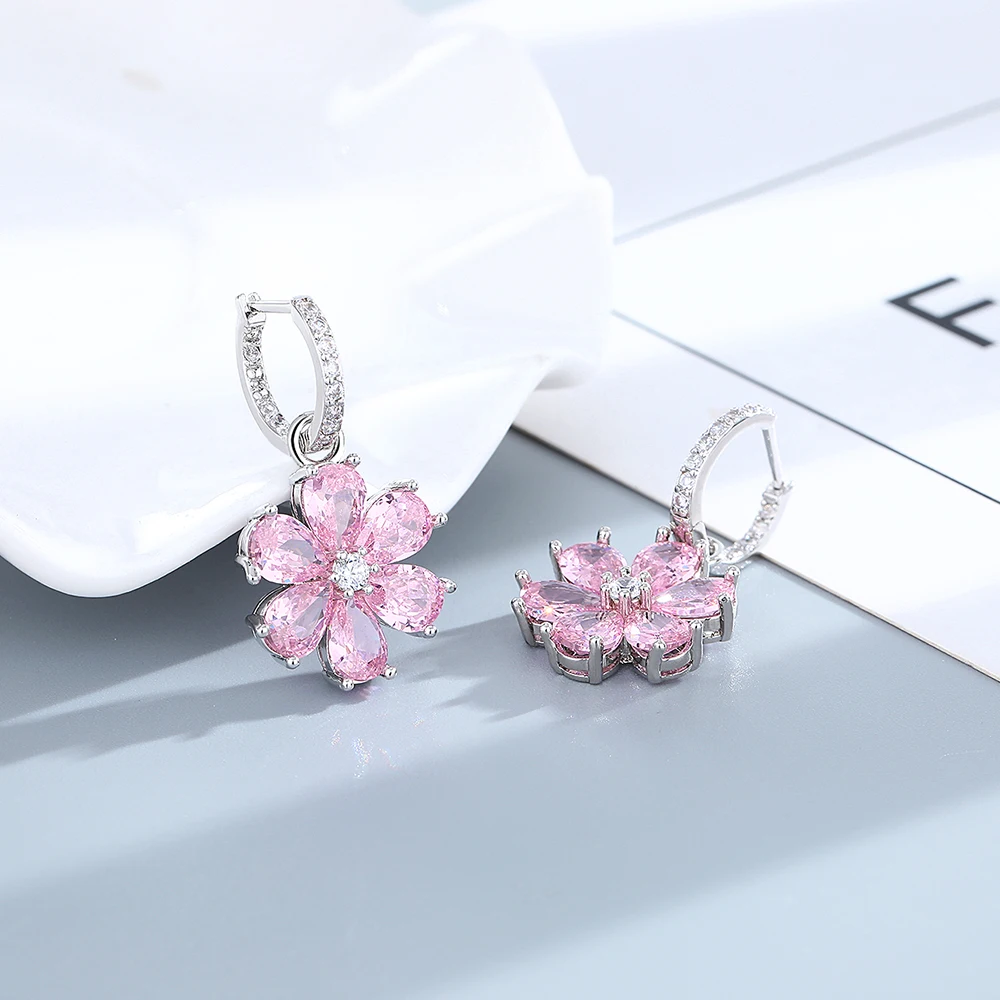 Roze Bloem Mousserende Zirkoon S925 Sterling Zilveren Oorbellen Voor Vrouwen Vintage Sieraden Bruiloft Verloving Oorringen Geschenken