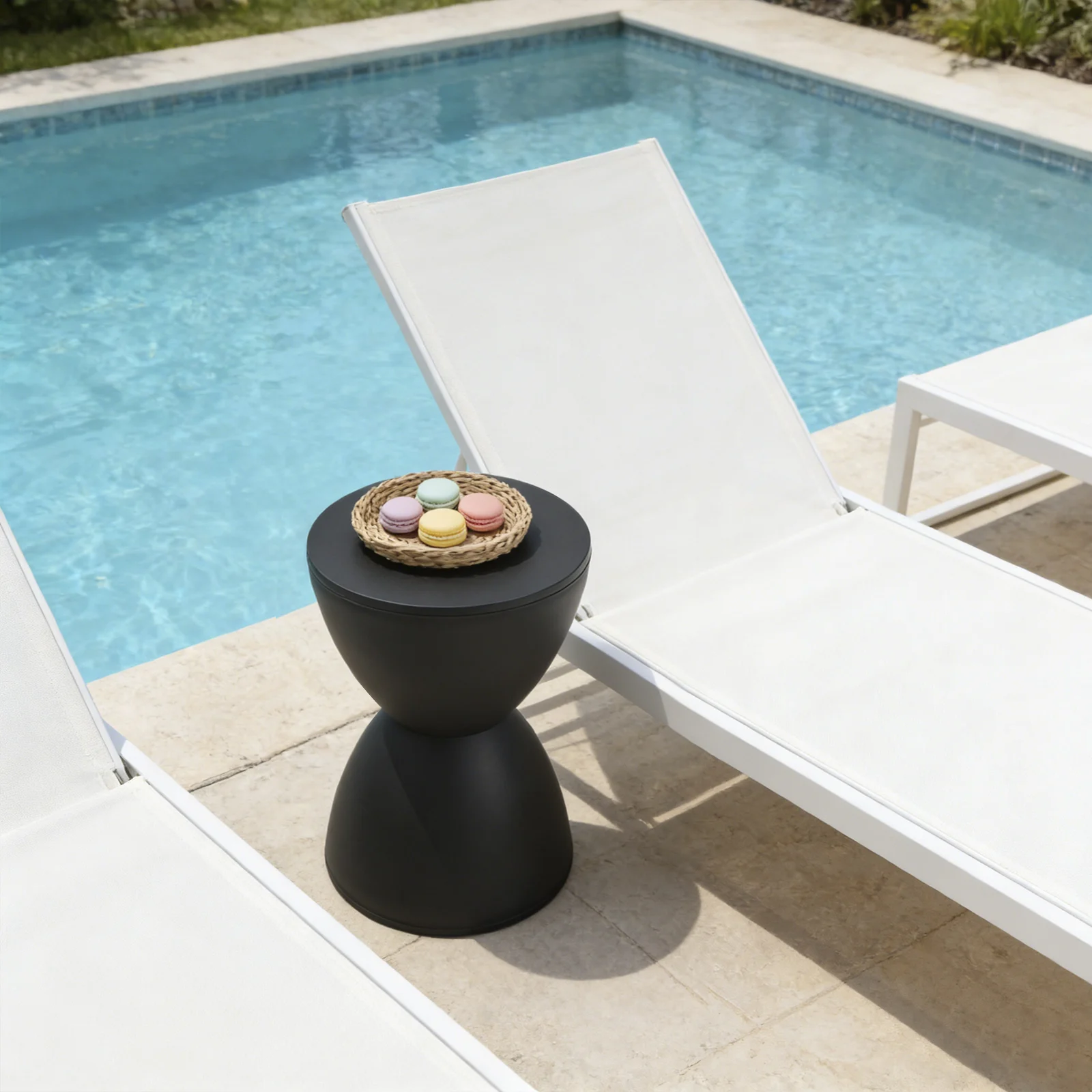 

Black Small Side Table, PP Hourglass Modern End Table, Outdoor Stool Side Table Used as Bedside Cabinet, Stool, or Garden Bench
