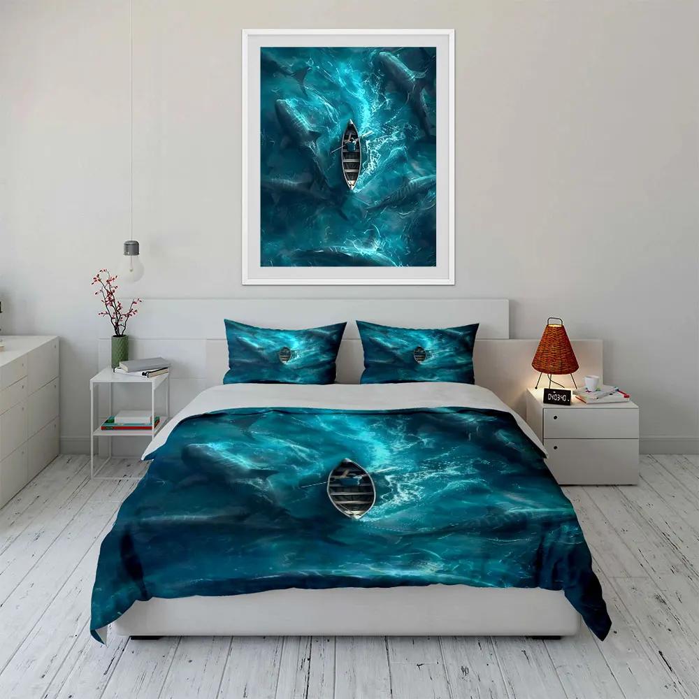 

Shark Adventure Decorative Set Bedding Set with 1 Duvet Cover 2 Pillowcases Single Double King Queen, Gift