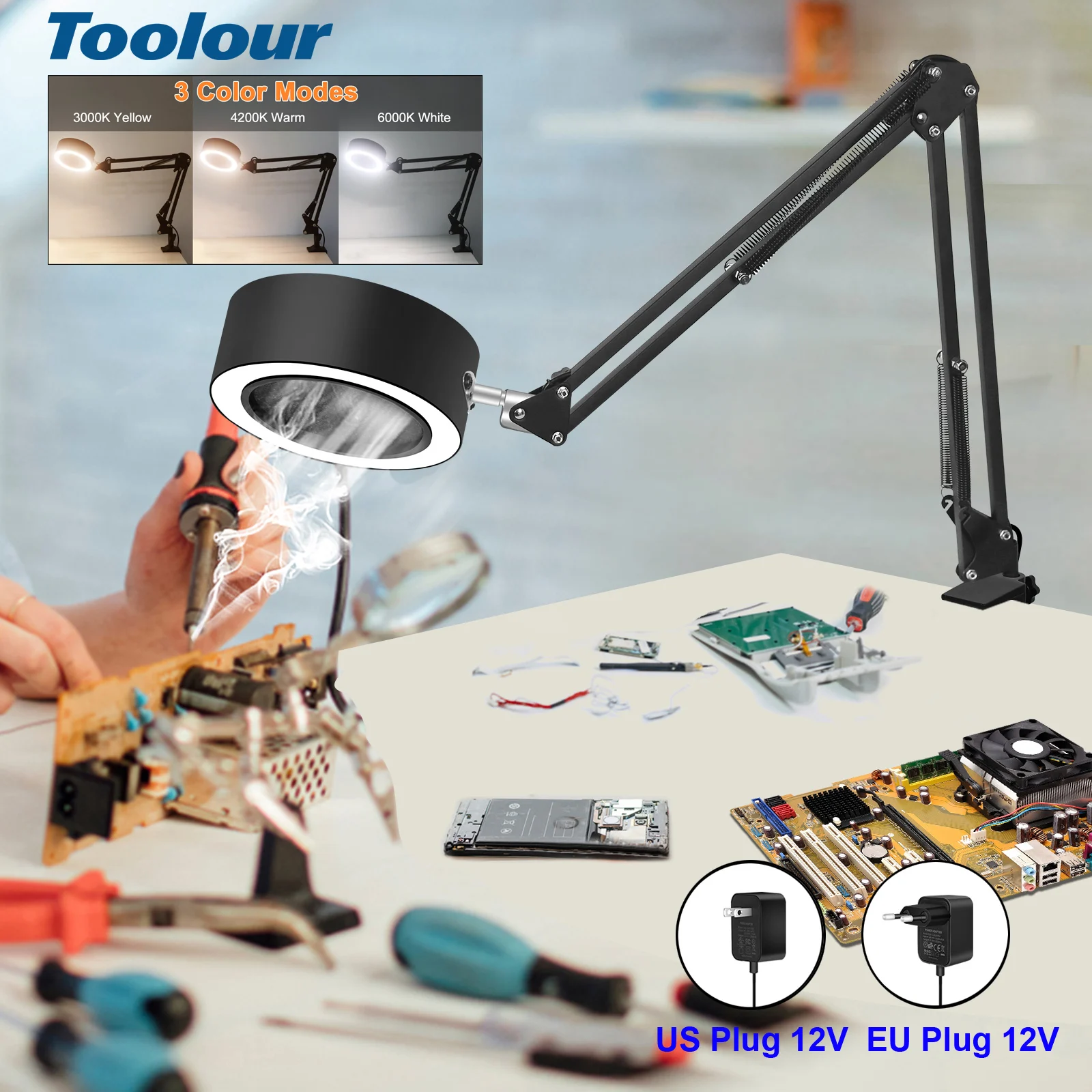 Toolour Pochłaniacz dymu do lutowania Wentylator dymu 12 V Wentylator lutowniczy z 48 diodami LED 3 kolorowe światło do stacji lutowniczej DIY Hobby