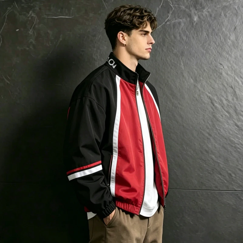 UETEEY Men American Style Letter Bomber Jacket Stand Collar Windproof Coat Retro Motorcycle Baseball Varsity Outerwear Man