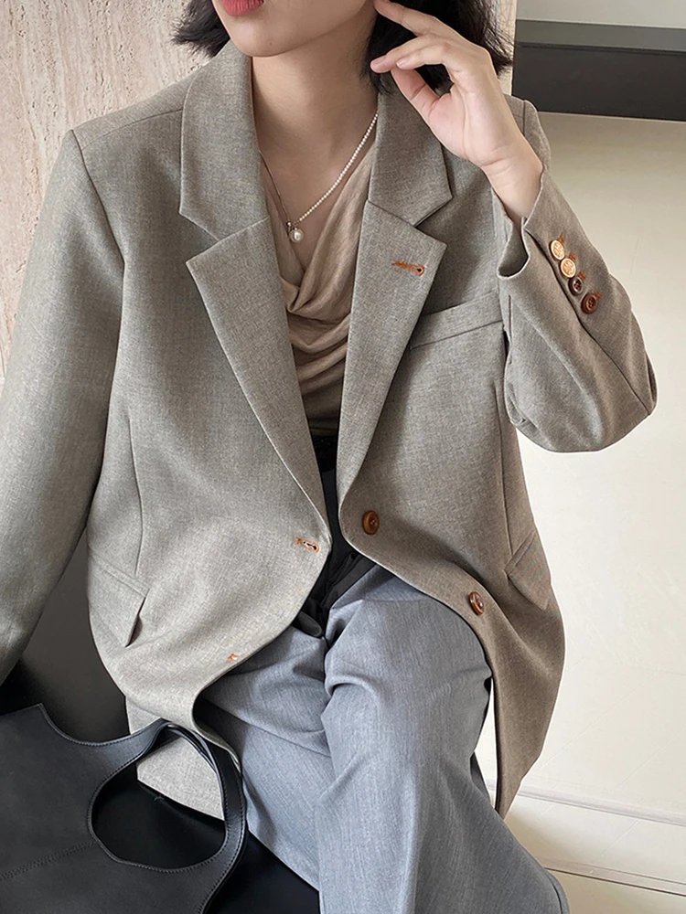 YERMORA 여성용 그레이 버클 브리프 캐주얼 블레이저 옷깃 긴 소매 느슨한 새로운 하이 엔드 자켓 패션 조수 봄 가을 2025
