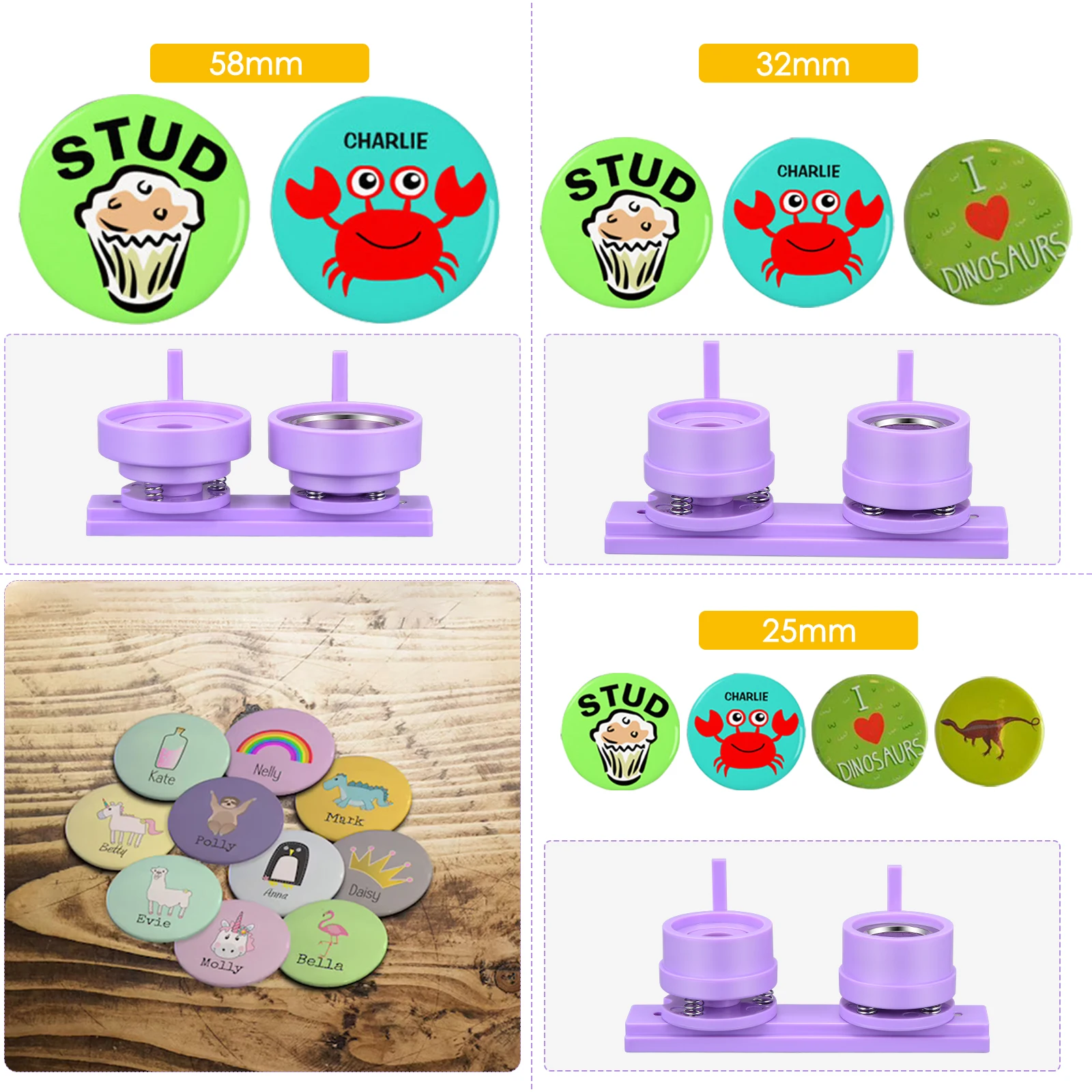 Badge Machine Maker Kit, DIY Badge, Pin Maker, Circular Cutter, Button Maker, 300PCs, 25mm, 32mm, 58mm